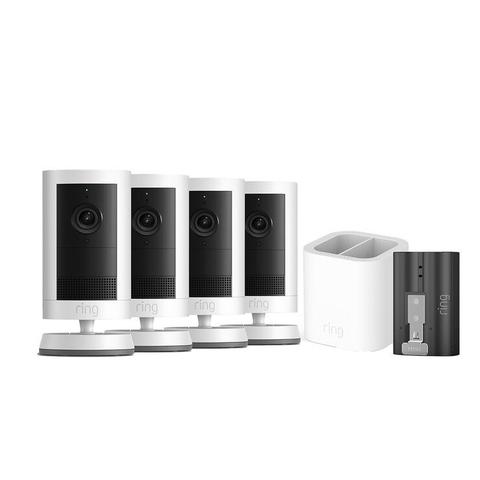 Ring Outdoor Camera Plus 2K Battery Security Bundle 4 Pack with Quick Release Batteries Dual Charger White B0FH4HDVSV