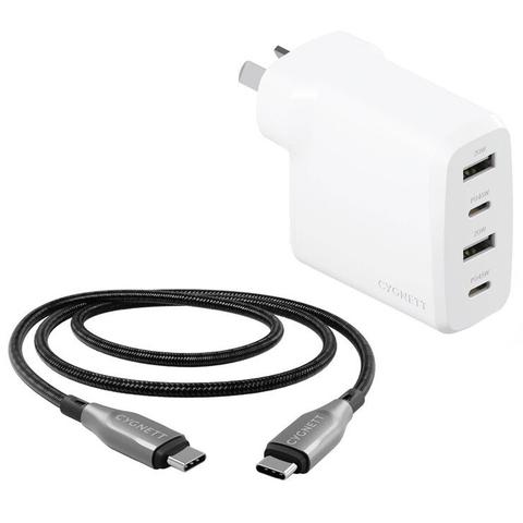 Cygnett PowerPlus 45W Multiport Wall Charger AU And Armoured USB-C To USB-C 2.0 Cable 2M Black CY5175BUNCC