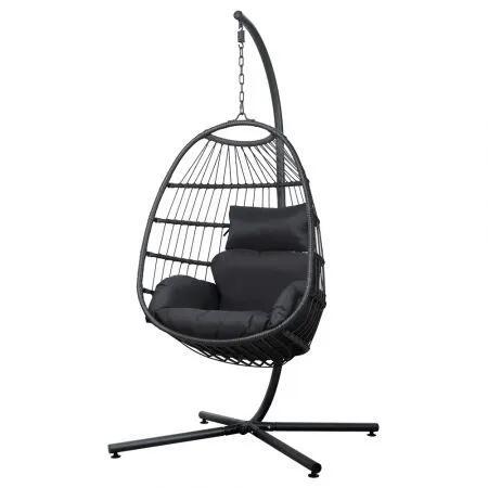 Gardeon Outdoor Egg Swing Chair Hanging Chair Wicker Rope Pod Stand Foldable Grey