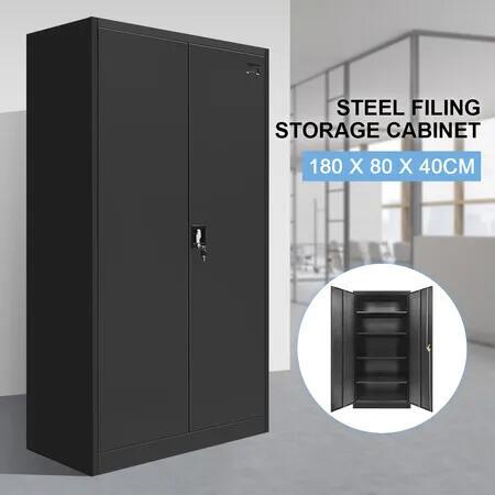 180cm Steel Filing Cabinet Office Stationary Lockable Storage Cupboard 2 Door 4 Shelves