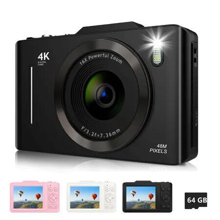 Digital Camera 2.8",FHD 4K 48MP Point and Shoot Digital Camera for Kids with 16X Zoom 64GB Card,Anti-Shake,Autofocus Camera for Gift(Black)