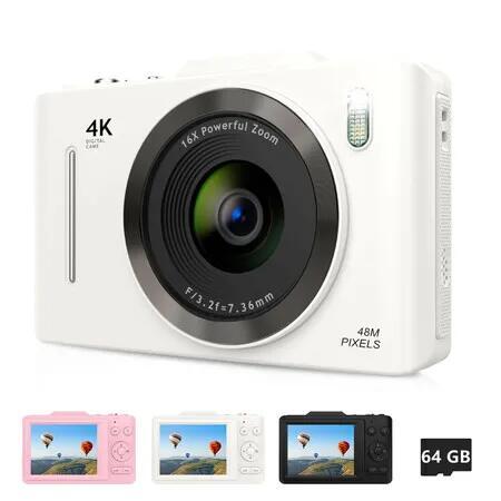 Digital Camera 2.8",FHD 4K 48MP Point and Shoot Digital Camera for Kids with 16X Zoom 64GB Card,Anti-Shake,Autofocus Camera for Gift(White)