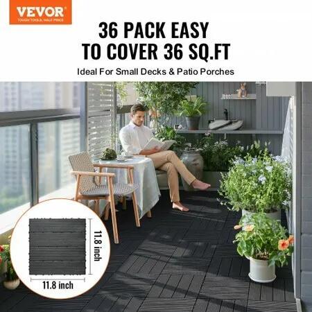 Interlocking Deck Tiles 36 Pack 12"x12" Plastic for Porch Dark Grey