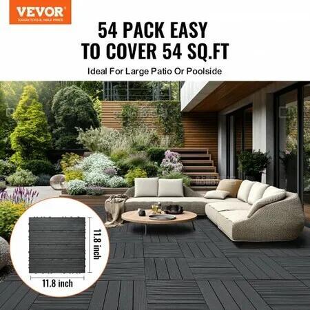 Interlocking Deck Tiles 54 Pack 12"x12" Plastic for Porch Dark Grey