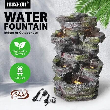 Water Feature Fountain 5 Tier Rocky Waterfall With LED Lights Pump For Garden Indoor Outdoor Home 46cm