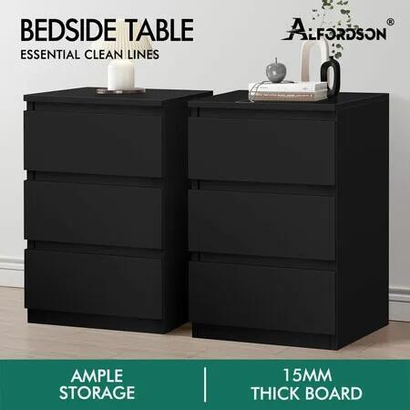 ALFORDSON 2x Bedside Table Nightstand 3 Drawers Side End Table Black