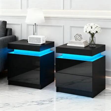 Artiss 2X Bedside Table LED 2 Drawers Lift-up Storage - COLEY Black