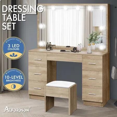 ALFORDSON Dressing Table Stool Set Makeup Mirror Desk LED 10 Bulbs Wood