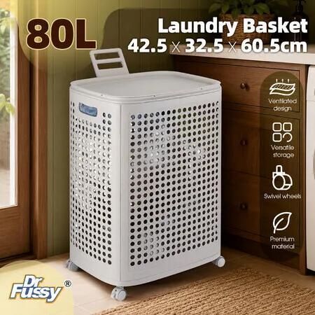 80L Laundry Basket Hamper with Wheels Lid Large Rolling Washing Dirty Towel Clothes Storage Organiser Bin Ventilated Plastic Holder Bathroom Trolley