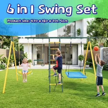 Kids Outdoor Play Swing Set 6-in-1 Basketball Hoop Trapeze Bar Platform Climbing Net Ladder Playground Garden Yard Children Sensory Playset Metal Stand