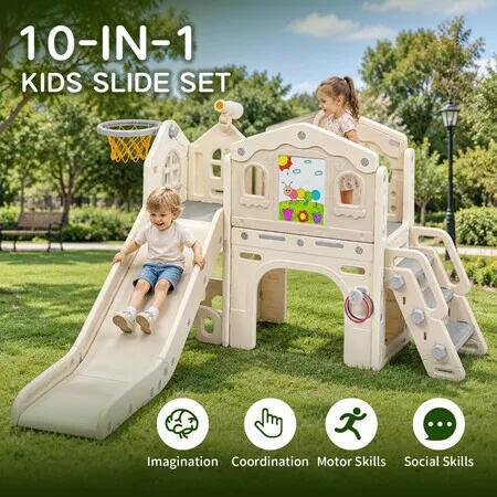 Kid Slide Set 10-in-1 Toddler Climber Playhouse Indoor Outdoor Activity Centre Basketball Hoop Ring Toss Crawl Tunnel Storage Board Freestanding Playground