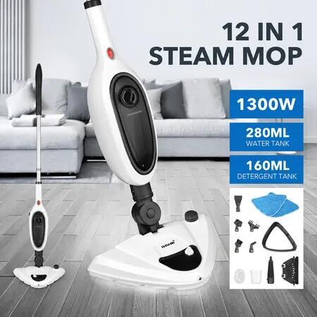 Steam Mop Cleaner 1300W 12 in 1 Handheld Steamer Floor Carpet Window Furniture Hard Wood Tile Grout Upholstery Multifunctional Swivel Home Cleaning Pads