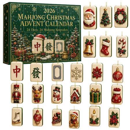 Mahjong Christmas Advent Calendar 2026, 24 Unique Mahjong Themed Acrylic Ornaments, Christmas Tree Decor Countdown Gift for Mahjong Lovers