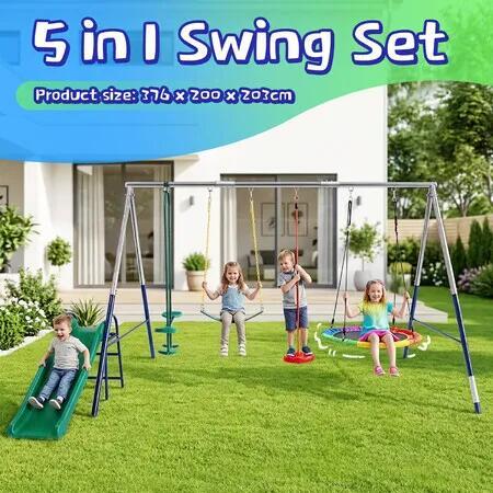 5 in 1 Swing Slide Set Kids Outdoor Play Activity Centre Flying Saucer Disc Glider Swings Metal A-Frame Backyard Playground Equipment Children Aged 3+