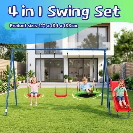 4 in 1 Slide Swing Set 2 Belt Swings Flying Saucer Kids Backyard Activity Playground Childrens Indoor Outdoor Sensory Playset Metal A-Frame Equipment