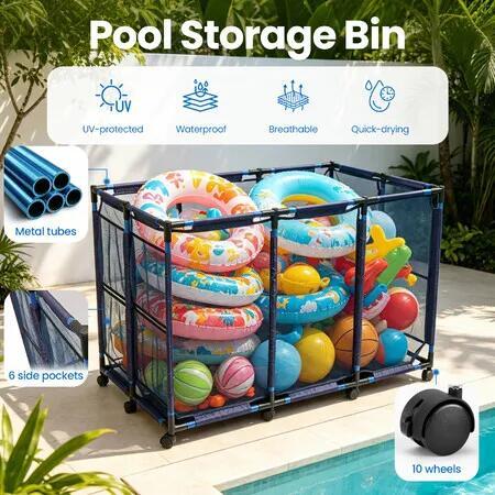 Pool Storage Bin Cart Poolside Toys Box Floats Noodles Container Organiser Outdoor Portable Rolling Wheels Mesh Basket Swimming Equipment Balls Holder