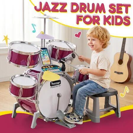 Kids Jazz Drum Play Set Musical Instrument Toy Stool Microphone Toddler Educational Learning Kit Preschool Plum White Plastic Dynamic Lights Sound