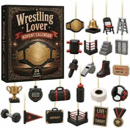 2026 Wrestling Advent Calendar, 24Pcs Acrylic Wrestling Themed Hanging Ornaments, Christmas Countdown Decor Pendant Set for Wrestling Fans Holiday Gift