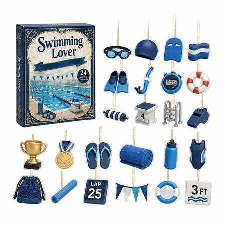 2026 Swimming Advent Calendar, 24Pcs Acrylic Swimming Themed Hanging Ornaments, Christmas Countdown Decor Pendant Set for Swimmers Holiday Gift