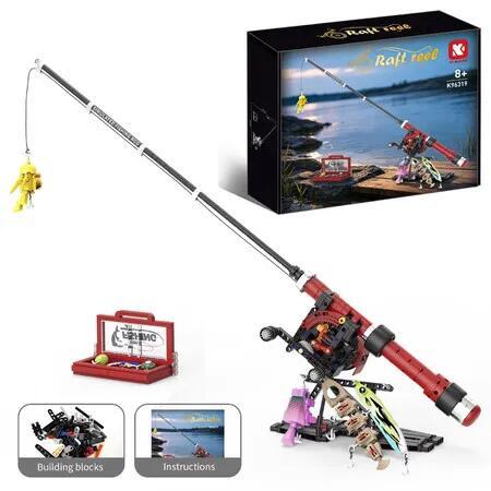 Spinning Reel Fishing Rod Building Blocks Set, 510 PCS Simulated Fishing Tackle Lure Model, STEM Collectible Display Bricks Toy for Kids 8+
