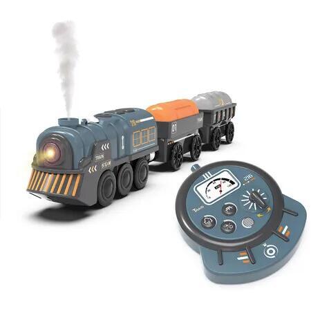 Remote Control Steam Train for Wooden Tracks RC Train Set with Realistic Smoke,Lights Sound
