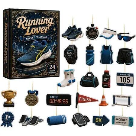 2026 Running Advent Calendar, 24Pcs Acrylic Running Themed Hanging Ornaments, Christmas Countdown Decor Pendant Set for Runners Holiday Gift