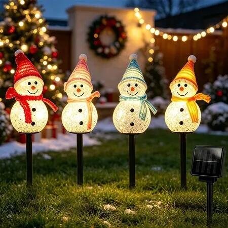 Set of 4 Snowman Solar Christmas Decorations Garden Lights, Outdoor Christmas Lights Decor for Yard Patio Pathway