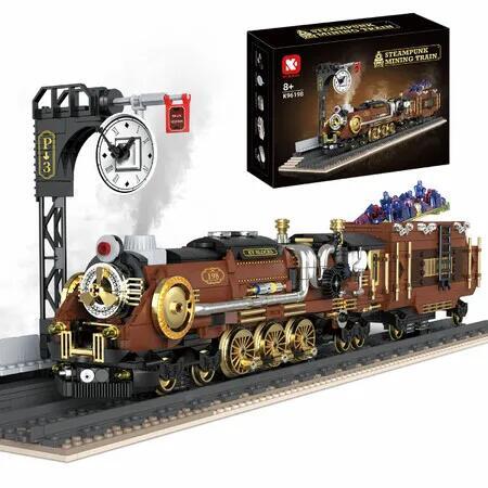 Steampunk Mining Train Building Kit, 1454 PCS Motorized Steam Train Blocks with Smoke Effect, Station Clock & Ore Carriage, Collectible Gift for Teens