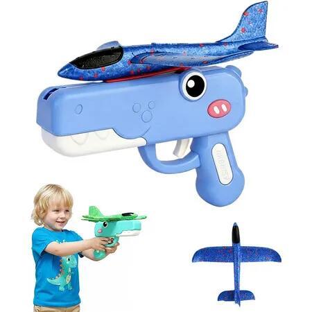 Foam Glider Airplane Launcher Toy, Outdoor Flying Aircraft with Easy-Load Mechanism and 2 Random Color Planes, Fun Birthday Gifts for Boys Girls (Blue)