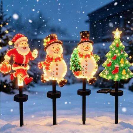 4Pcs Outdoor Christmas Decorations Set Santa Snowman Christmas Tree Solar Lights, Waterproof Solar Christmas Lights for Yard Porch Pathway Holiday Decor