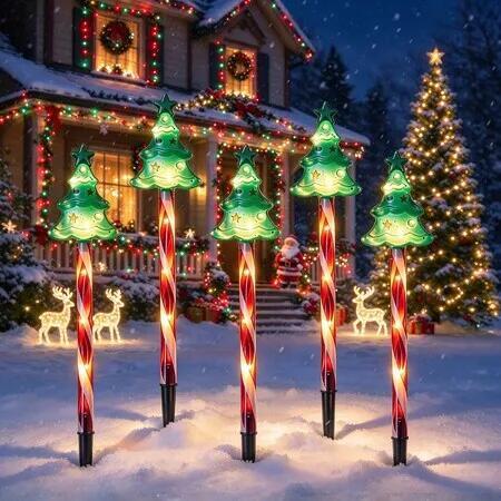 Solar Christmas Tree Pathway Lights, Solar Christmas Lights Outdoor Waterproof, Solar Candy Cane Stake Lights for Yard Lawn Holiday Decor