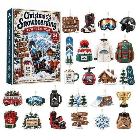 Snowboarding Christmas Advent Calendar, 24 Day Christmas Countdown with 2D Acrylic Hanging Ornaments for Snowboard Lovers, Snowboarders Gift