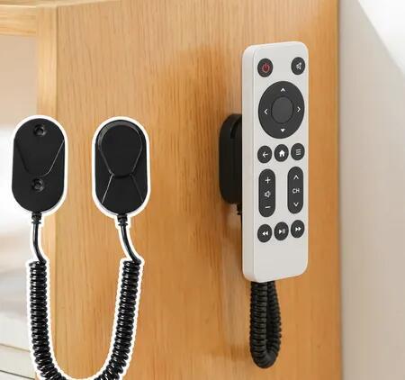 Magnetic Remote Control Holder with Anti-Loss Coiled Tether, Drill-Free Wall Mount, Stretchable Cord for TV and Air Conditioner Remotes, Black