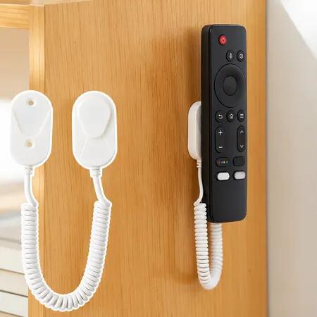 Magnetic Remote Control Holder with Anti-Loss Coiled Tether, Drill-Free Wall Mount, Stretchable Cord for TV and Air Conditioner Remotes, White