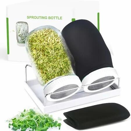 Organic Seed Sprouting Jar Kit, 2 x 32 oz Wide Mouth Mason Jars with Stainless Steel Sprouter Lids and Stand, Blackout Sleeves, Drain Tray, White Lid