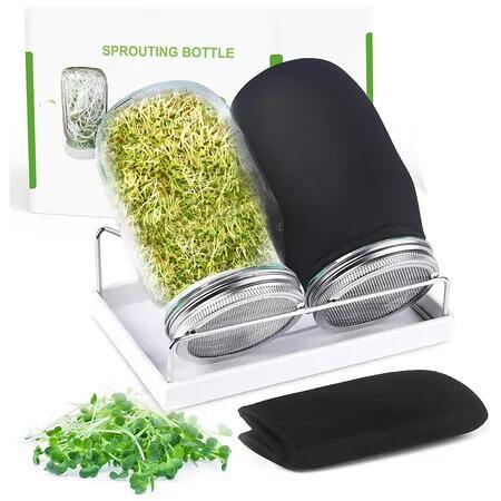Organic Seed Sprouting Jar Kit, 2 x 32 oz Wide Mouth Mason Jars with Stainless Steel Sprouter Lids and Stand, Blackout Sleeves, Drain Tray, Steel Lid