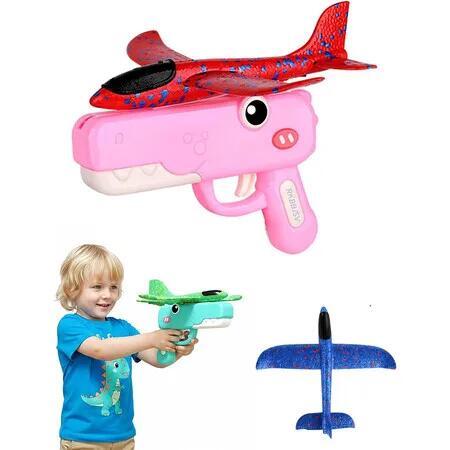 Foam Glider Airplane Launcher Toy, Outdoor Flying Aircraft with Easy-Load Mechanism and 2 Random Color Planes, Fun Birthday Gifts for Boys Girls (Pink)