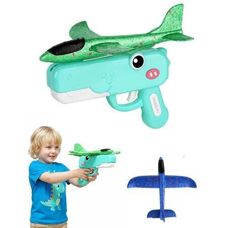 Foam Glider Airplane Launcher Toy, Outdoor Flying Aircraft with Easy-Load Mechanism and 2 Random Color Planes, Fun Birthday Gifts for Boys Girls (Green)