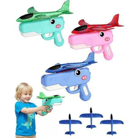 3 Pack Foam Glider Airplane Launcher Toy, Outdoor Flying Aircraft with Easy-Load Mechanism and 6 Random Color Planes, Fun Birthday Gifts for Boys Girls