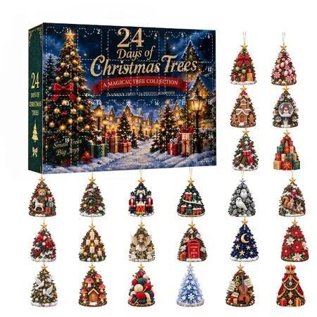 Christmas Tree Advent Calendar, 24 Day Christmas Countdown with 2D Acrylic Hanging Ornaments Christmas Gifts for Christmas Tree Lovers