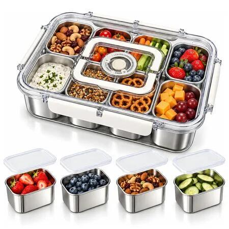 Stainless Steel Snackle Box Container with Lid Handle Divided Serving Tray, 8 Compartment Snack Box Calendar for Fruit Nut Veggie Candy