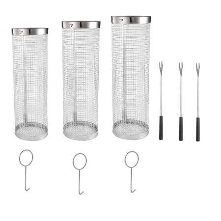 BBQ Net Tube-Rolling Grilling Basket,Rolling Grilling Baskets for Outdoor Grilling,Round Stainless Steel BBQ Grill Mesh, Camping Barbecue Rack