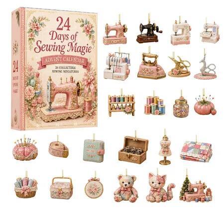 Sewing Christmas Advent Calendar, 24Pcs Vintage Sewing Themed Acrylic Ornaments, Christmas Countdown Gift for Sewing Lovers