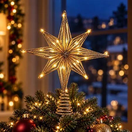 Christmas Tree Topper Star Light-Up LED Vintage Eight-Pointed Iron Glitter Battery Operated Champagne 25x30cm Holiday Decoration
