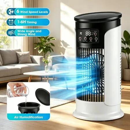 USB Mist Cooling Fan Humidifier, 6 Speed & 6H Timer, 7 Color LED Light, Low Noise 300ML Portable Desk Fan for Home Bedroom Office