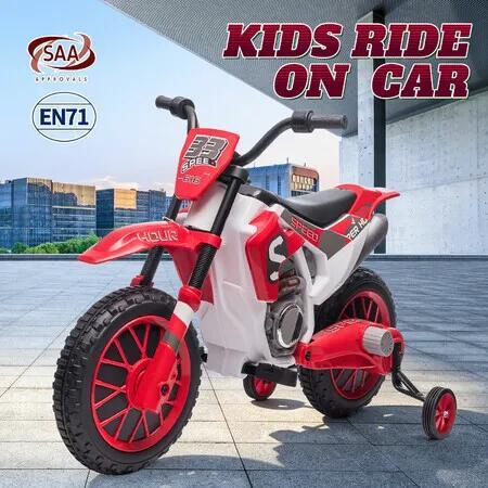 Kids 12V Electric Ride On Dirt Bike Motorcycle Red Toy with Training Wheels, Battery Powered Outdoor Motorbike with Slow Start