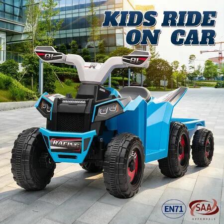 Kids 6V Electric Ride On Quad Bike ATV Blue Toy Vehicle with Detachable Trailer Battery Powered Outdoor Ride-On Car with Storage