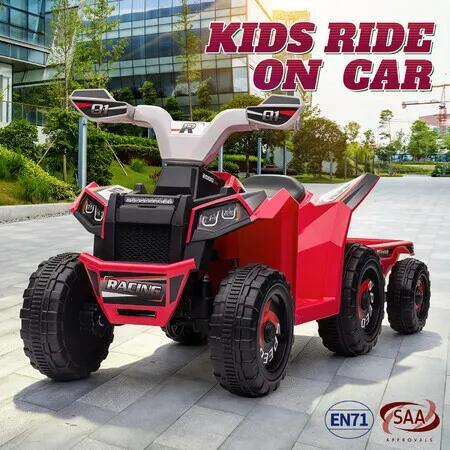 Kids 6V Electric Ride On Quad Bike ATV Red Toy Vehicle with Detachable Trailer, Battery Powered Outdoor Ride-On Car with Storage