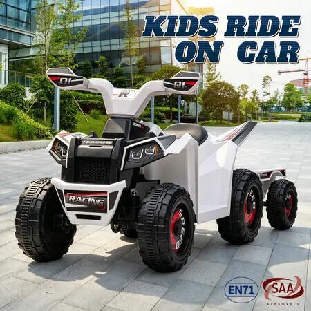 Kids 6V Electric Ride On Quad Bike ATV White Toy Vehicle with Detachable Trailer, Battery Powered Outdoor Ride-On Car with Storage