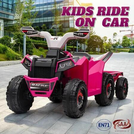 Kids 6V Electric Ride On Quad Bike ATV Pink Toy with Detachable Trailer Storage Carrier Battery Powered Outdoor Ride-On Vehicle